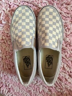 Vans Checkered Slip-On Sneakers - White and Gray Womens 8 Men’s 6.5